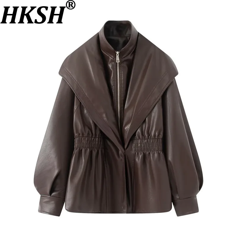 HKSH ربيع الخريف جديد سترة نسائية بولي Leather الجلود سستة الخصر Cinching أنيقة الرجعية وهمية قطعتين الشارع الشهير معطف أنيق HK15145