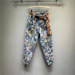 Autumn New Personality Cartoon Denim Harlan Pants Large Size Elastic Waist Streetwear Women Jeans Loose Ankle-Length Cotton Jean