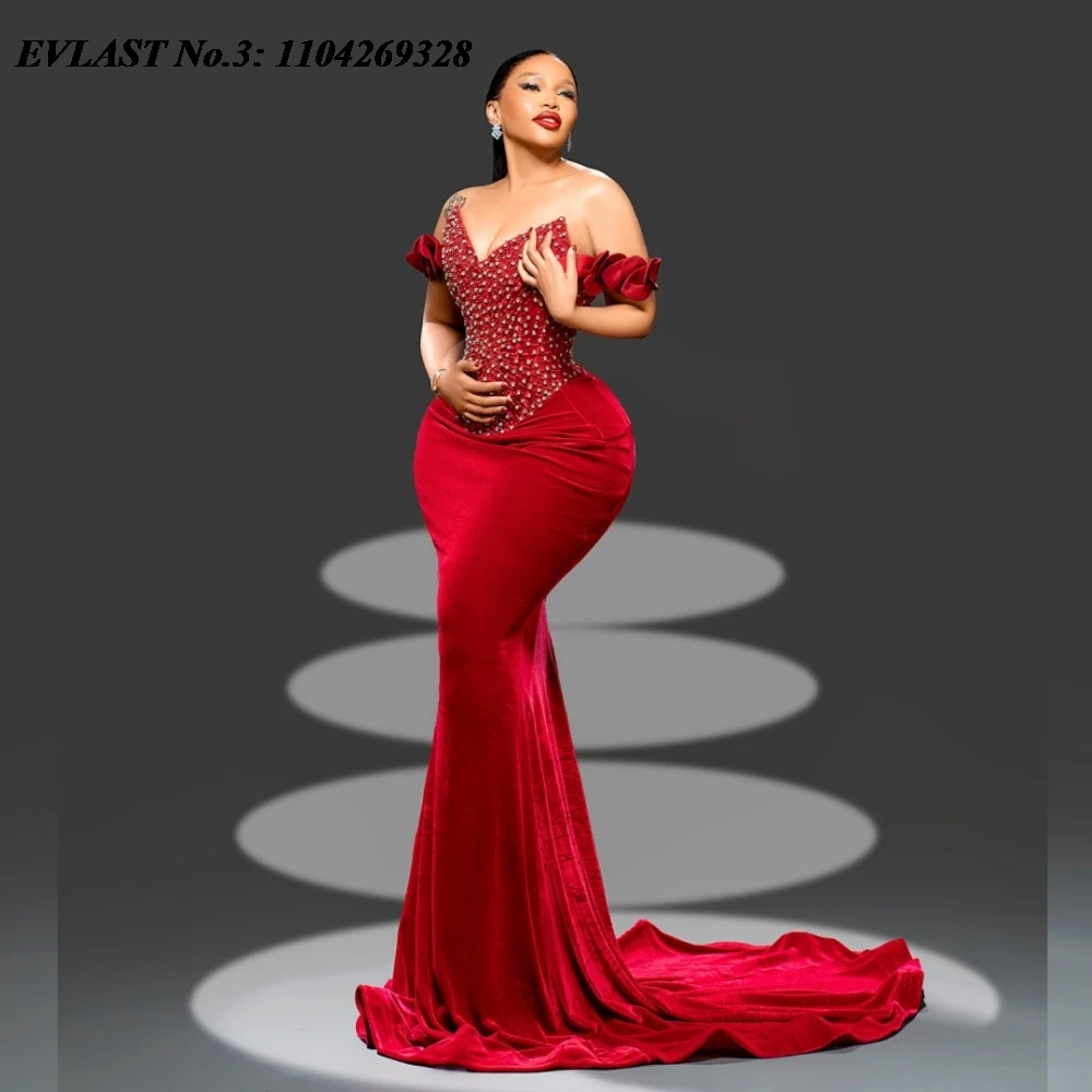 

EVLAST Customized Sparkly Red Mermaid Prom Dress Aso Ebi Velvet Crystal Beaded Black Girls Party Gown Robe De Soirée E3P584