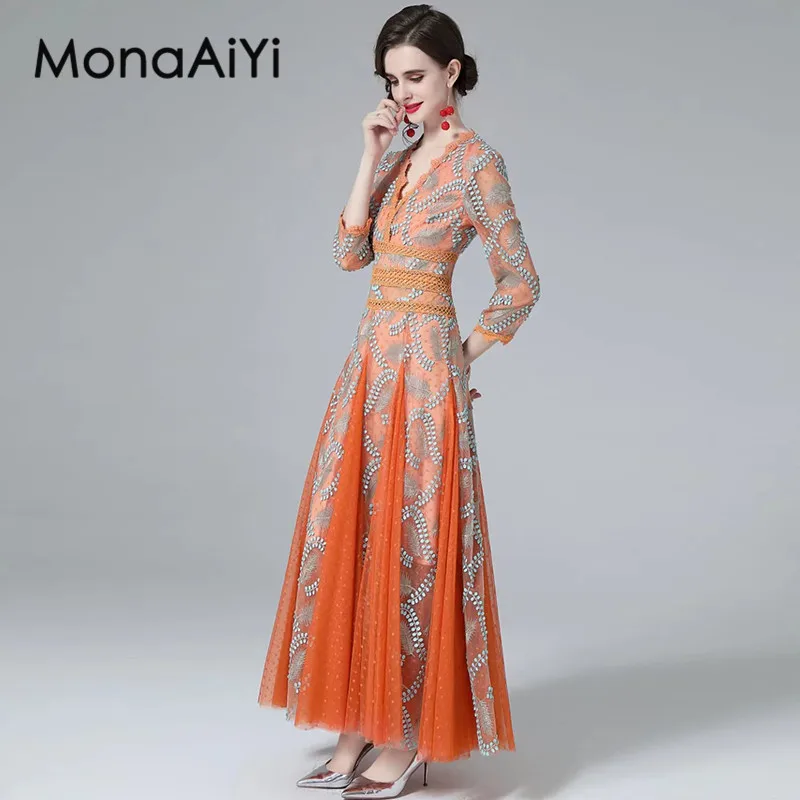 MonaAiYi-vestido de baile vintage para mulheres, vestido bordado, vestido oco, decote em v, manga três quartos, ocasião formal, outono