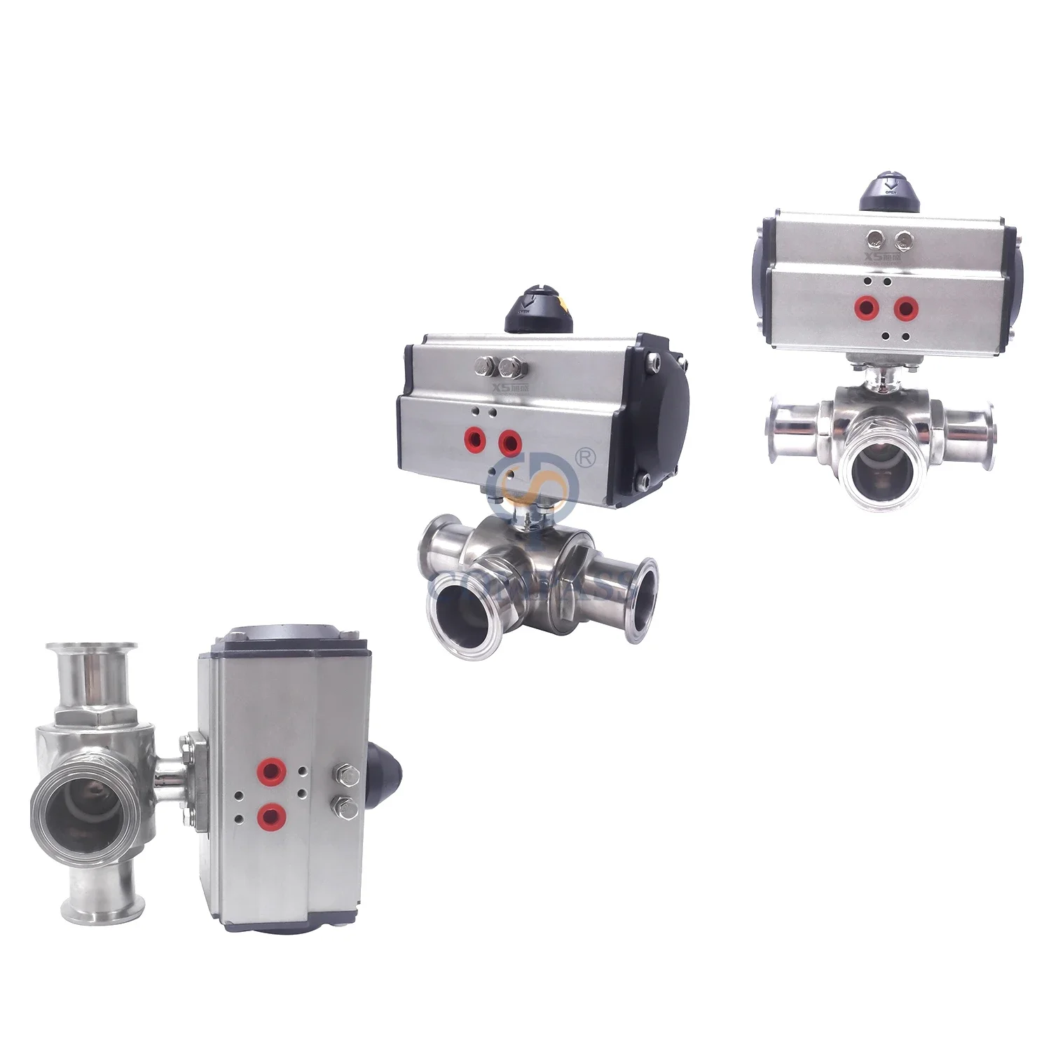 Aluminum Double Acting Pneumatic Actuator Stainless Steel Sanitary Hygienic Pneumatic T Port Three Ways Tri Clamp Ball Valve