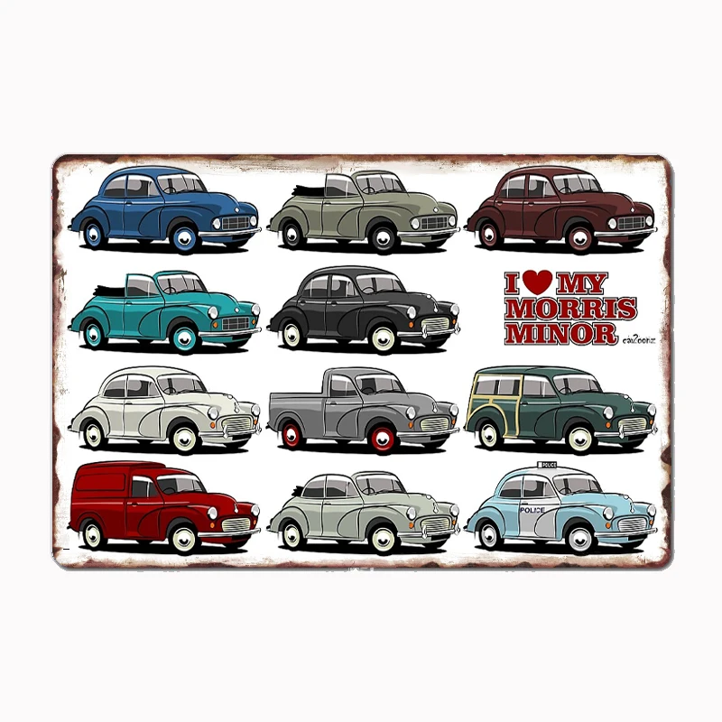 

Morris Minor Evolution Cars Collection Metal Sign Poster Garage Decoration Room Decor Automobile Club Tin Home Decor