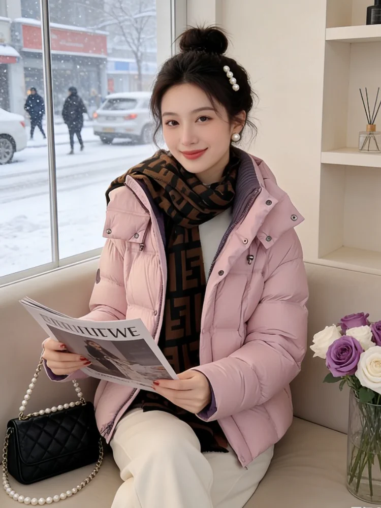 

Trendy Women's ort down Jaet 2026 New Sle Hooded Thiened Winter Warm Coat Korean Sle Loose Fit Cotton Clothes