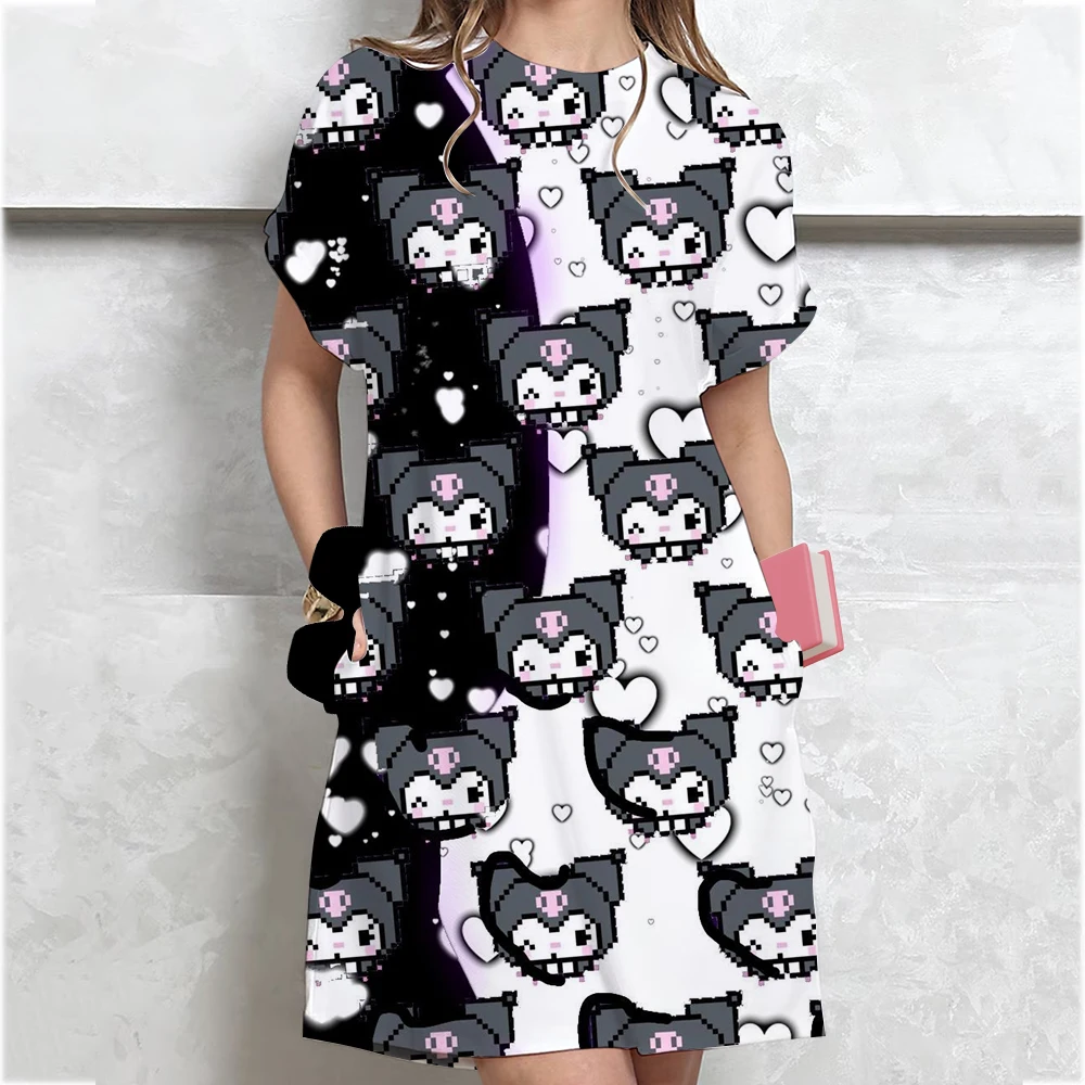 Women Casual Short Sleeve T Shirt Dress Vintage Hello Kitty print Loose Mini Dress Elegant Simple Mini Dress Streetwear Sundress