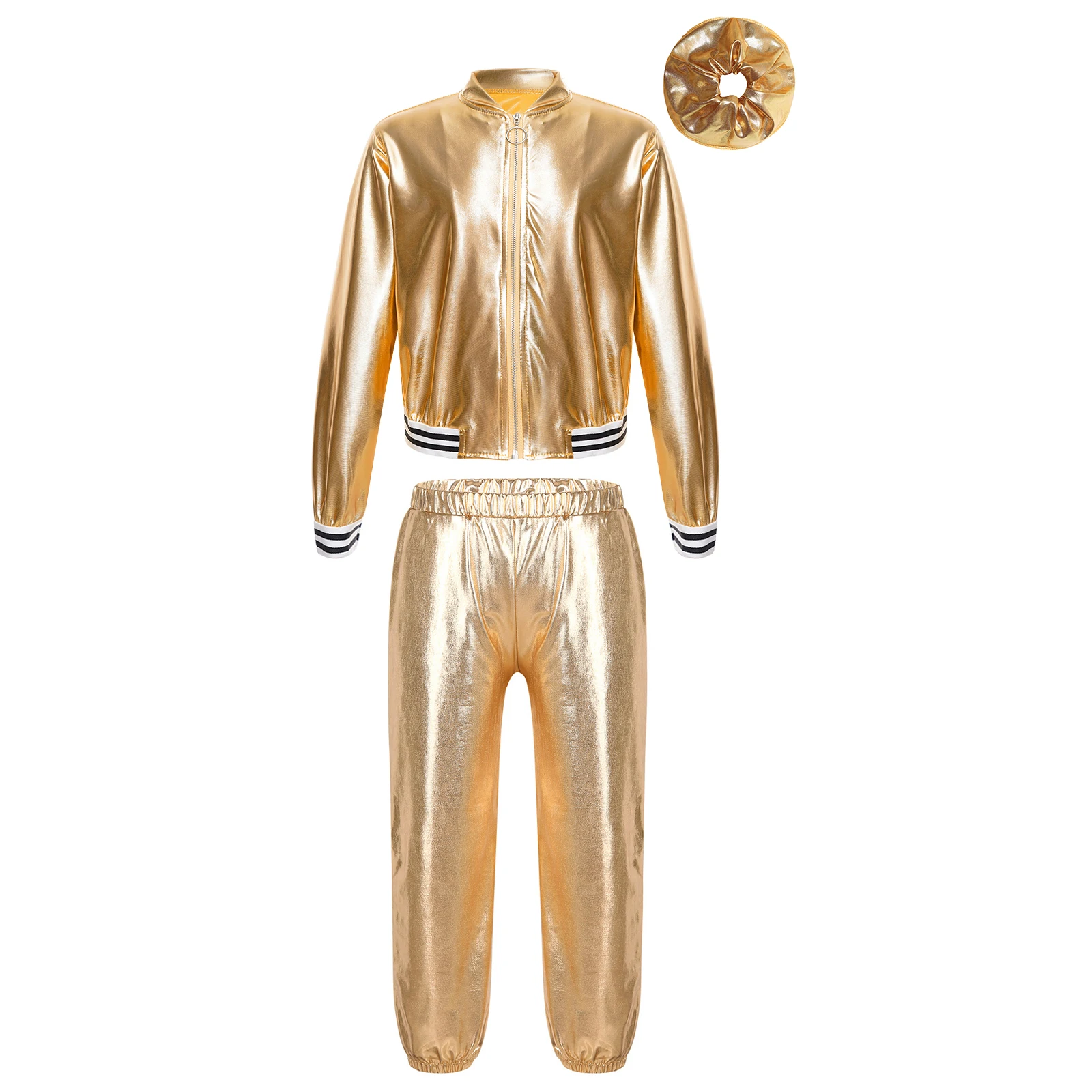 Girls Fashion Dancewear Suits Kids Hip Hop Clothes Long Sleeve Zipper Metallic Jacket with Pants Children Jazz Dance Costume