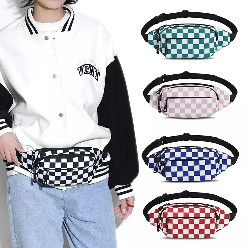 Casual Checkerboard Waist Bag Stylish  Unisex Outdoor Chest Shoulder Bag Waterproof Sport Running Chest Bag