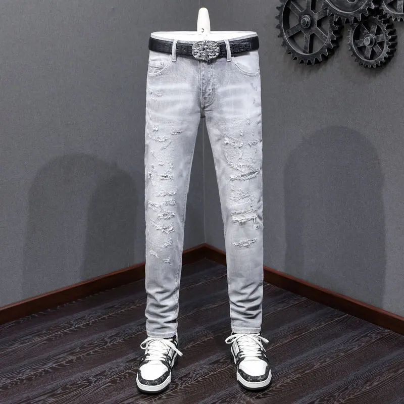 

Street Fashion Men Jeans Retro Gray Stretch Skinny Fit Patched Ripped Jeans Men Brand Designer Hip Hop Vintage Denim Pants Homme