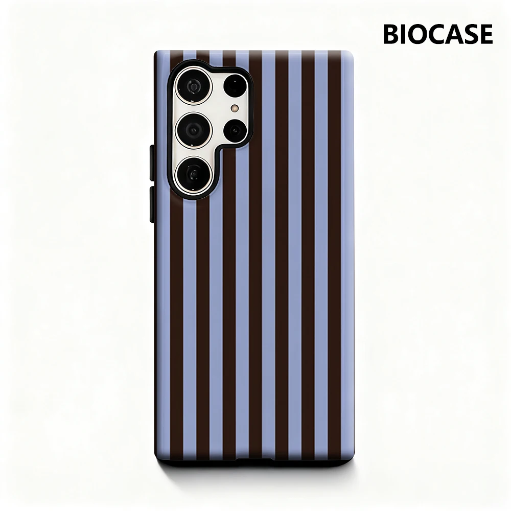 Kontrastierende Handyhülle mit braunen und blauen Streifen für Samsung Galaxy S25 Ultra S24 S23 Ultra Plus, glänzende doppellagige Rückseite