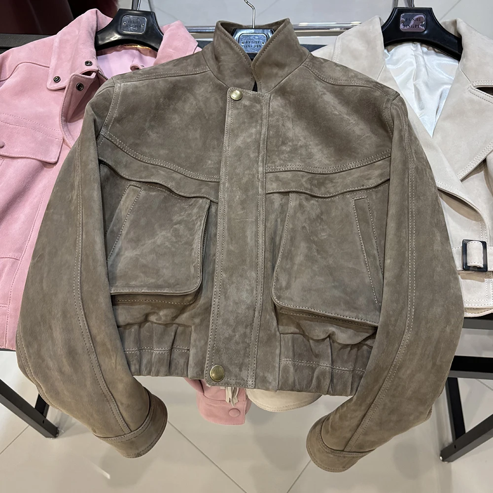 YOLOAgain 2025 Autumn New Suede Bomber Jacket Coat Women Real Sheepskin Grained Leather Jacket Ladies