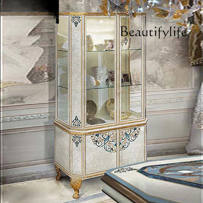 Alexander luxury European villa dining room solid wood carving flower inlaid shell wine cabinet,  double door glass wine cabinet