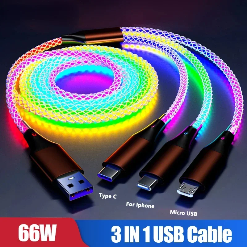 Kabel 3 W 1 66W 6A RGB świecący typ C do iPhone'a 14 13 Pro Max przewód USB do ładowarki Samsung Xiaomi