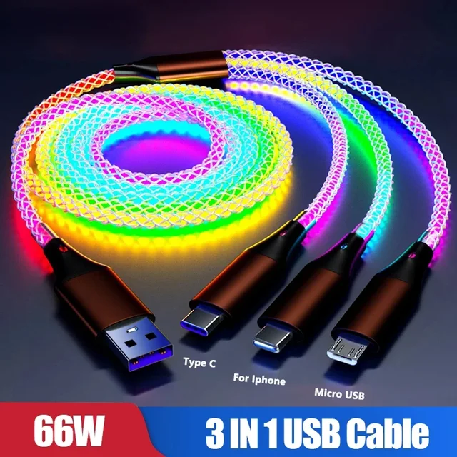 Kabel 3 W 1 66W 6A RGB świecący typ C do iPhone'a 14 13 Pro Max przewód USB do ładowarki Samsung Xiaomi