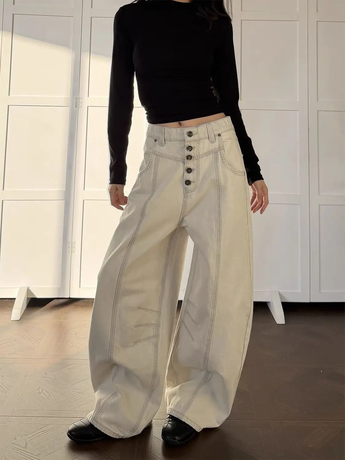 

Breasted Design Scimitar Pants Casual Gray and White Curved Wide Legs A-shaped Loose T Mopping Jeans