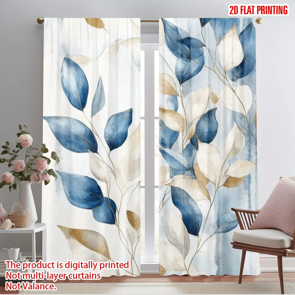2pcs,2D plane printing Window Curtain Blue Serenity Leaves Versatile Polyester Fabric (without rod) Versatile All for Bedroom