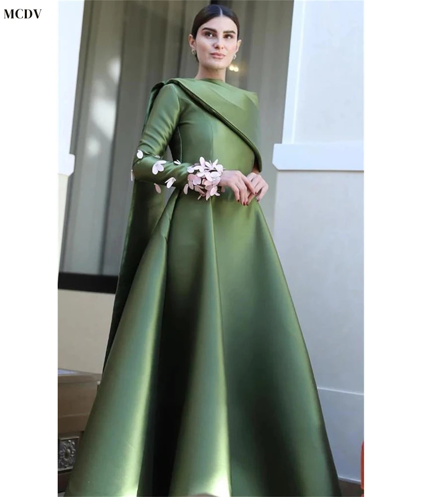 Robe de soirée en Satin, ligne a, fleurs en cristal, personnalisée, gracieuse, col rond, manches longues, longueur au sol, robes de célébrité