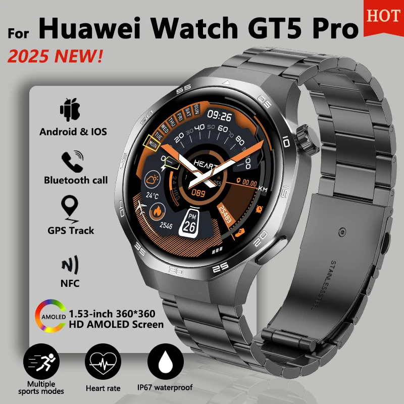 New For Huawei Watch GT5 Pro Smart Watch NFC GPS Compass Bluetooth Call HD Screen Heart Rate Healthy IP67 Waterproof Smart Watch