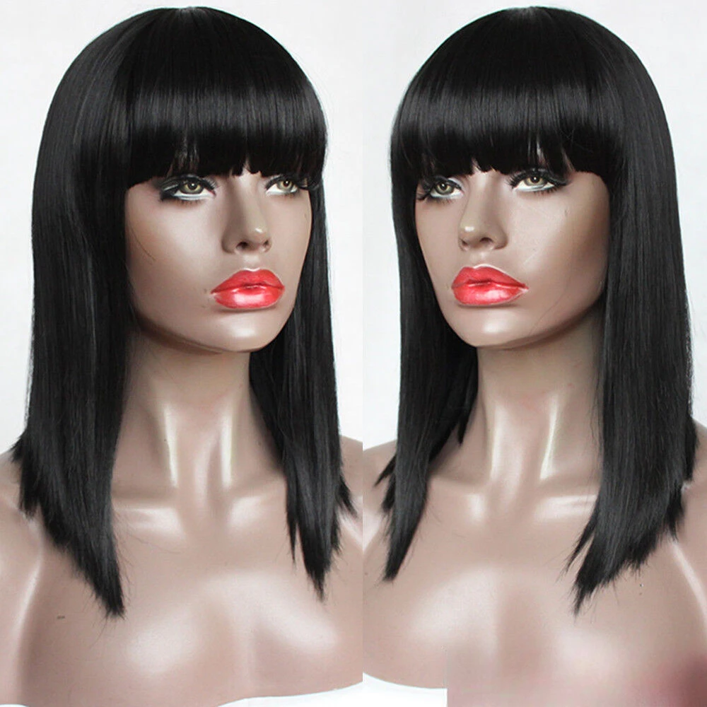 Synthetic Bob  Short Straight Full Black  with Bangs for Women Fashion Wig