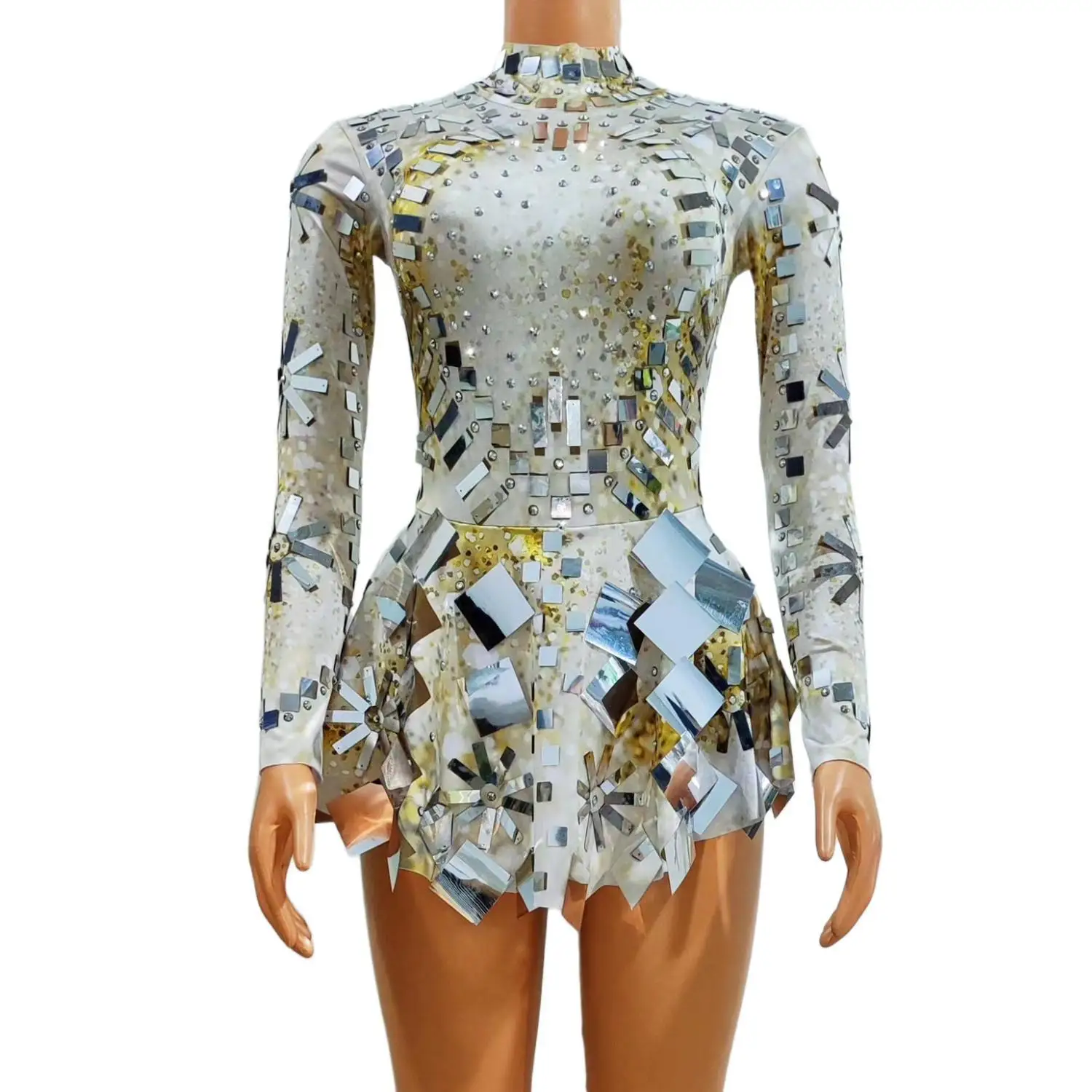 

Women Sequins Mirror Short Dresses Singer Dancewear Long Sleeve Drag Queen Costume Rave Festival Night Out Body Suits Qingzhu