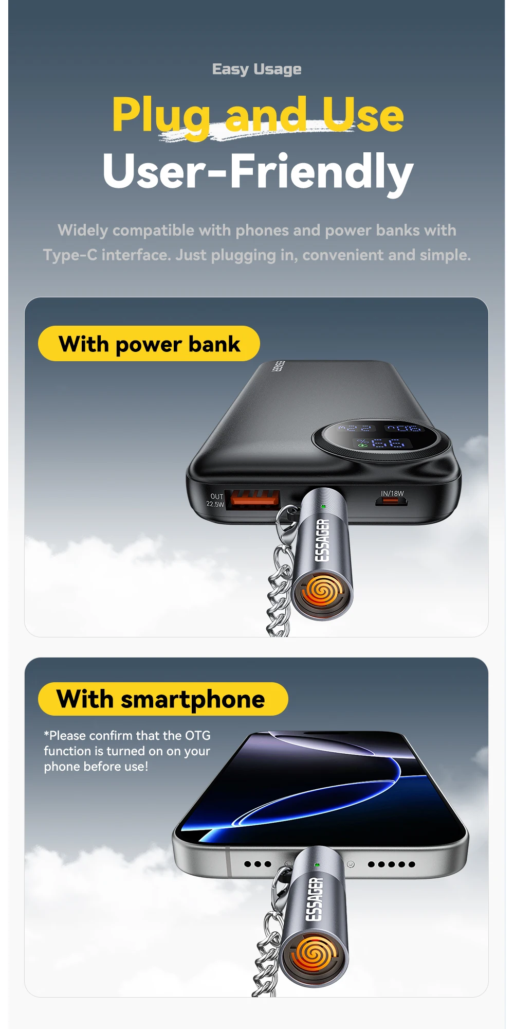 Essager Type C Mini Lighter Tungsten Wire Blow-to-Ignite Safety for Air Travel No Flame Auto Shut-Off OTG-Compatible with Phones