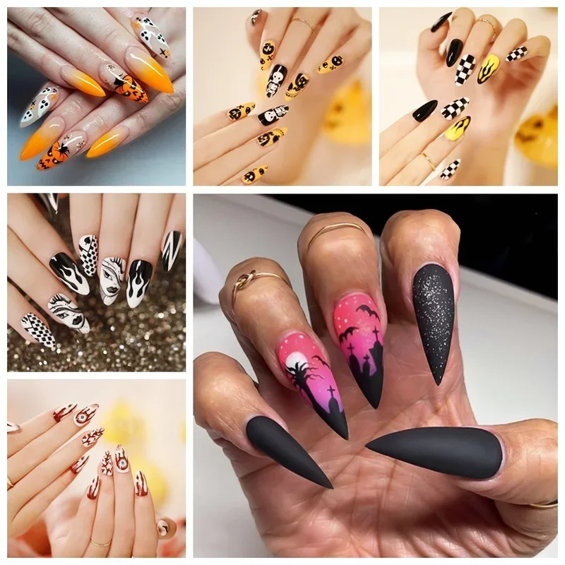 

24 Pcs/box of Detachable Halloween Style Push-on Nails Wearable Fake Nails Full Coverage Nail Stickers Decoration