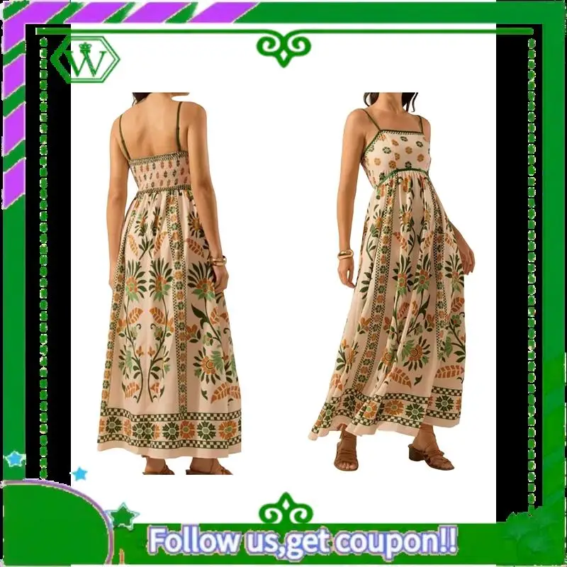 A18P-สตรี 2025 ฤดูร้อนดอกไม้Maxiชุดสปาเก็ตตี้พิมพ์Smocked Boho Beachชุดยาว