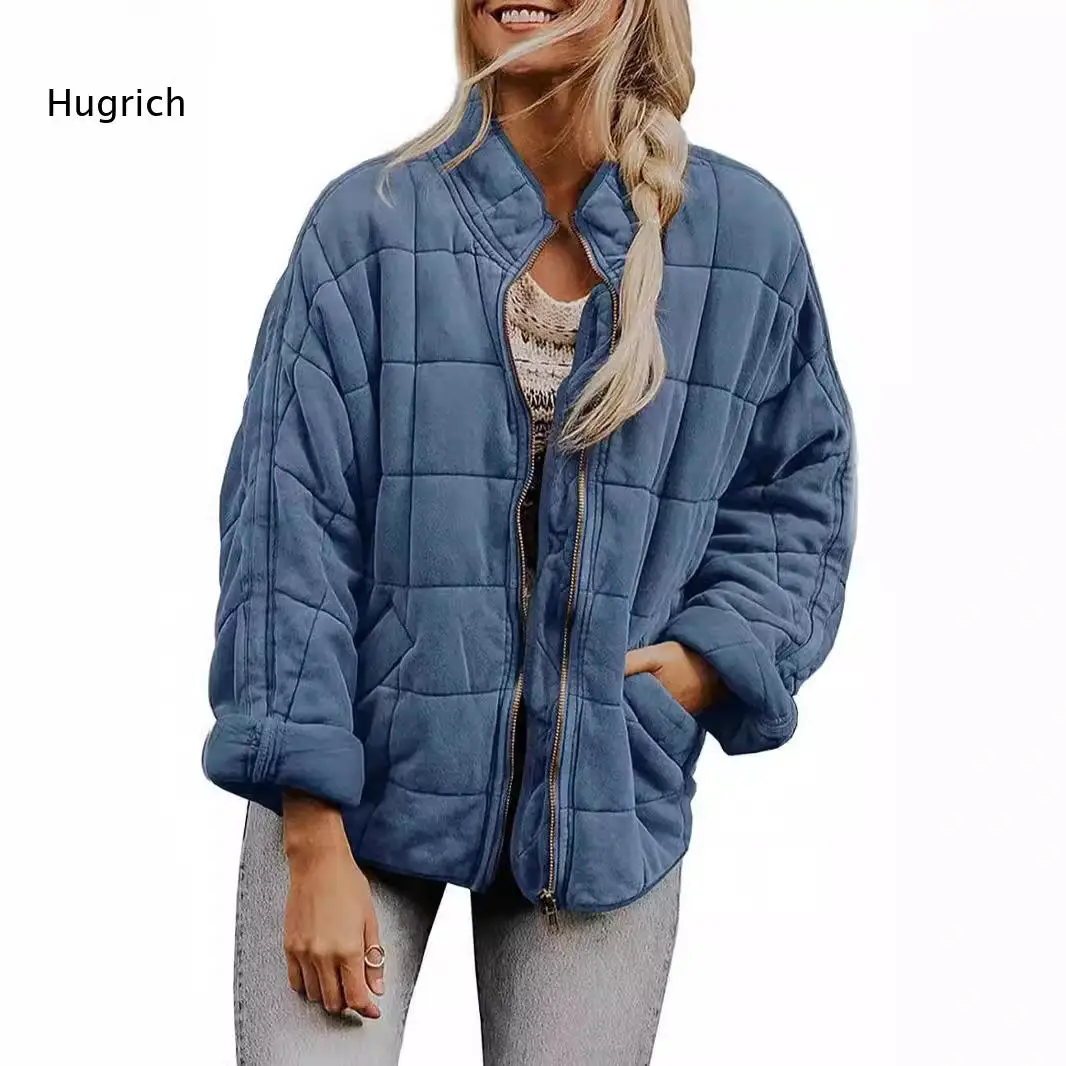Women Loose Fit Quilted Stand Collar Jacket Olive Green Zip Up Long Sleeve Casual Winter Outerwear Functional Pockets