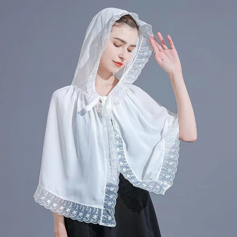 Summer Chiffon Cape With Hoodie Woman Lace Trim Sheer Shawl For Wedding Church Elegant Bridal Hooded Cloak Breathable Shawl