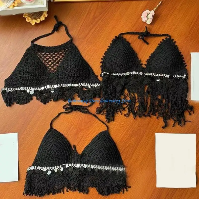 573B Women Crochet Knit Halterneck Bra Sequins Tassels Backless Beach Crop Top