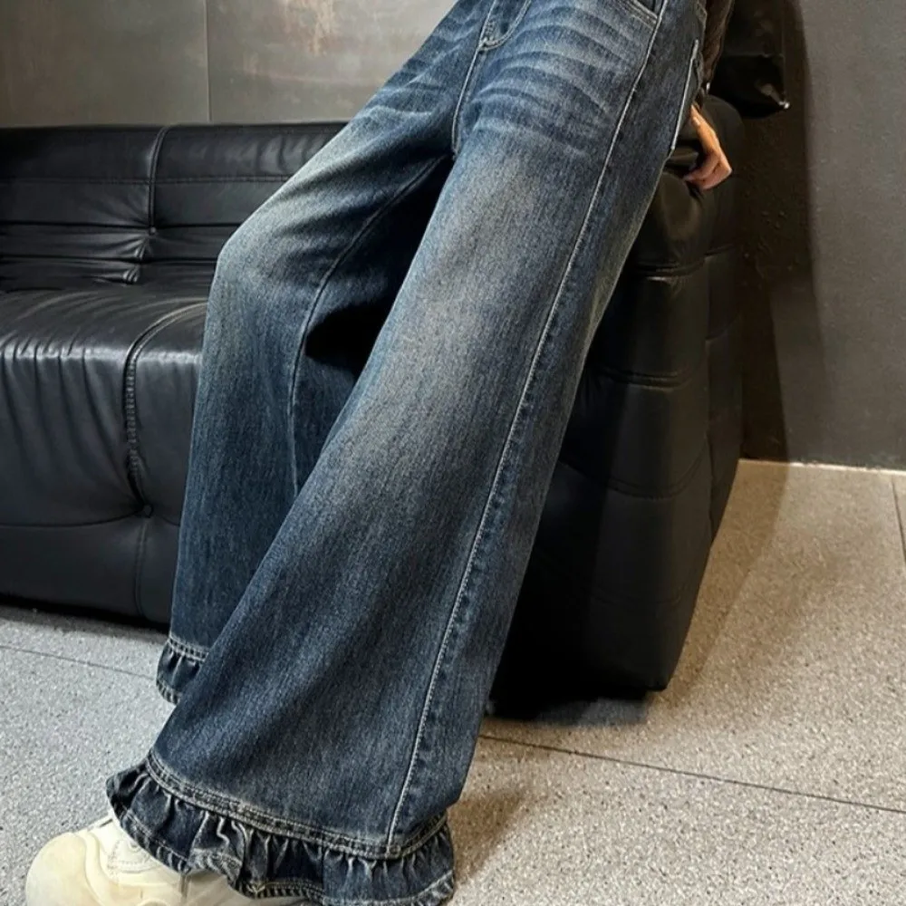 بنطال ذو قصة أرجل واسعة جينز للفتيات المراهقات طويل فضفاض مستقيم للأطفال جينز مكشكش عالي الخصر ملابس خروج للفتيات سراويل جينز #5