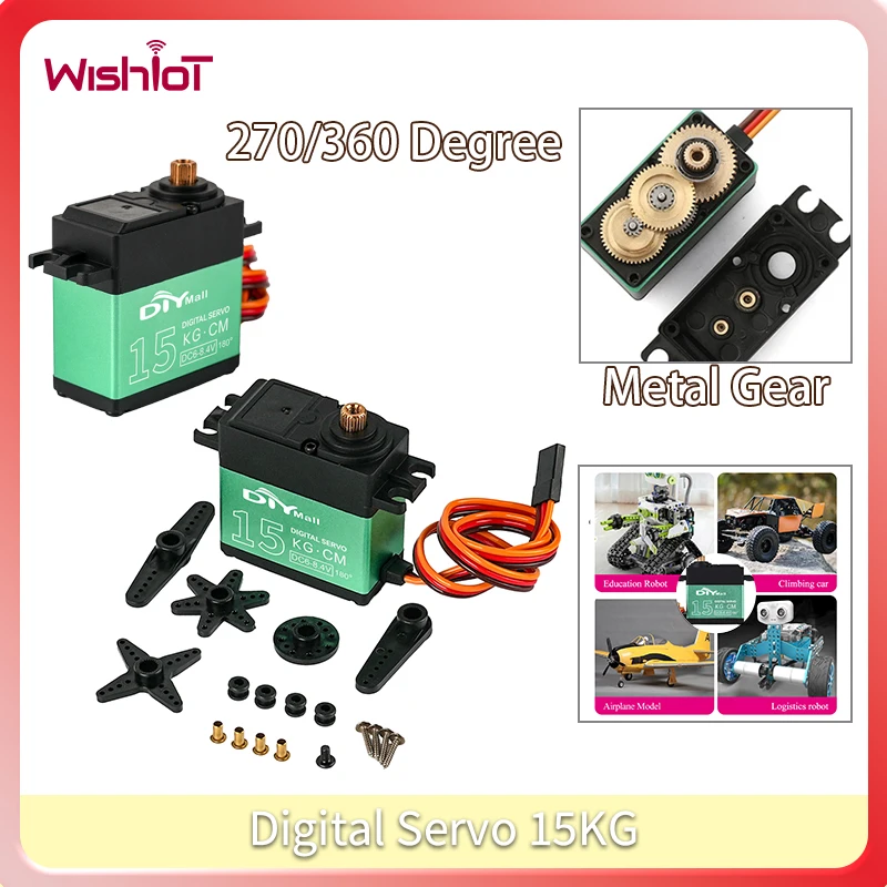 Servo Digital de 15KG, Motor de engranaje de Metal, cepillo de carbono, alto par de 270/360 grados, resistente al agua para Robot, avión, coche teledirigido, Juguetes DIY