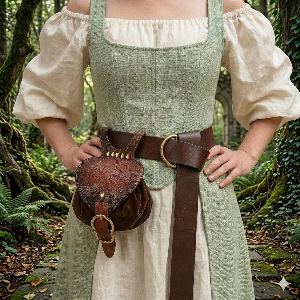 Mittelalterliche Ledergürteltasche mit Elfenblatt-Motiv, tragbare Beuteltasche mit Kordelzug, Renaissance-Kostüm-Accessoire für LARP, Ren Faire, Halloween-Kostüm-Accessoires