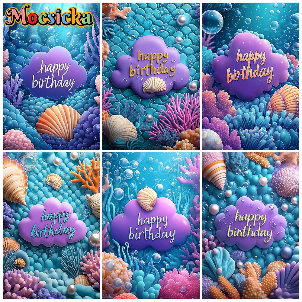 Mocsicka Underwater Happy Birthday Photography Backdrop Blue Purple Ocean Backgrounds Mermaid Birthday Party Photo Studio Props