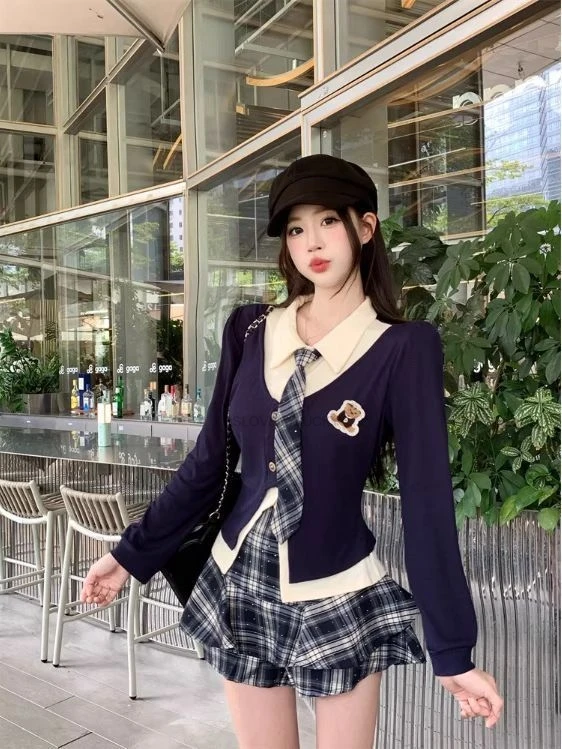 Autumn Korean Style Girl JK  Two Piece Set  high-waisted Plaid Skirt And Faux two-piece Shirt Women Fashionalbe Jk Uniform Set