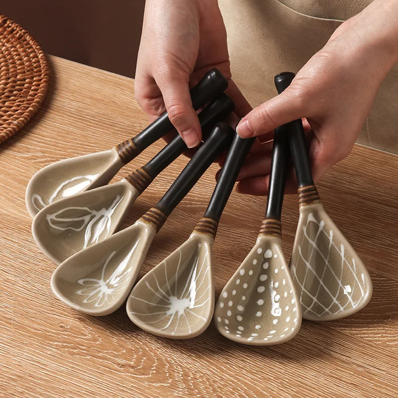 Triangale Rough Pottery Soup Spoon Japanese Style Large Serving Scoops Home Ice cracked Tableware Kitchen Cook Accessories