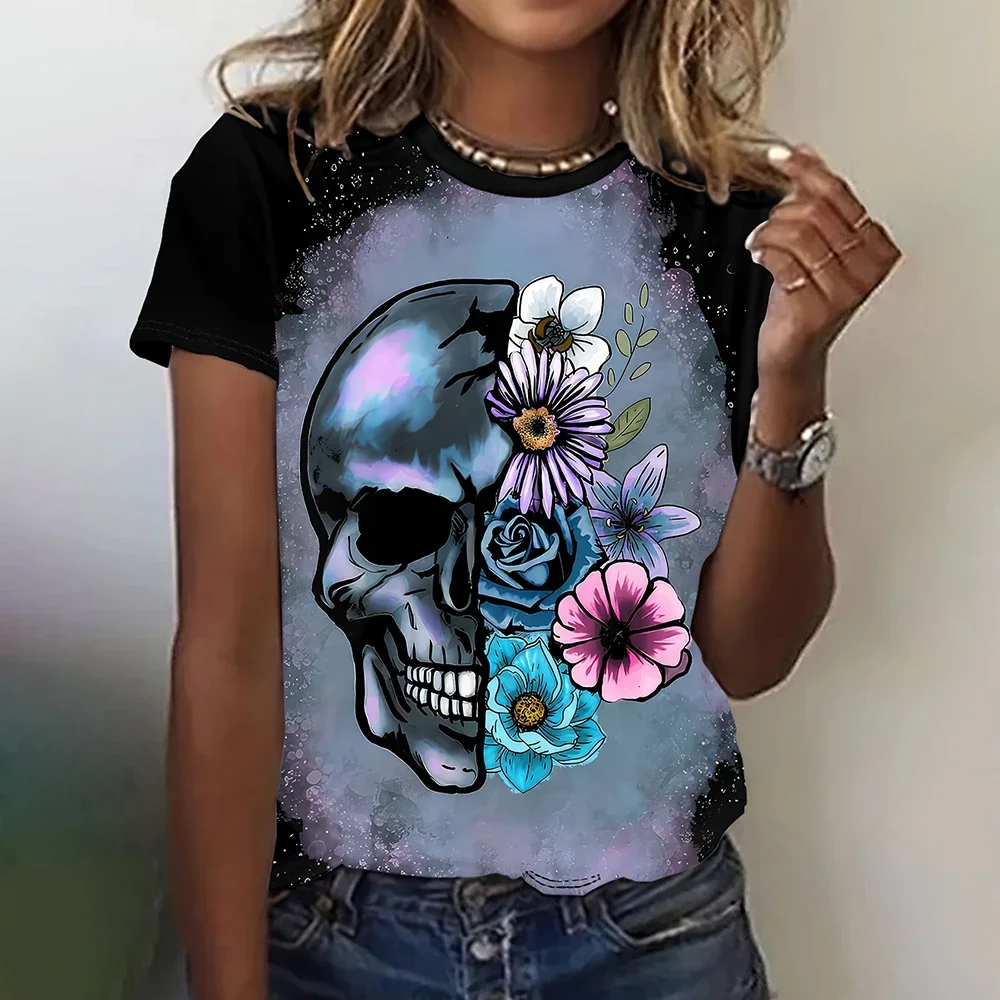 Y2k Gothic Summer Crew Neck Women T Shirt Skull Graphic 3D Printed T Shirt Streetwear Women Short Sleeve Tops T Shirts Apparel