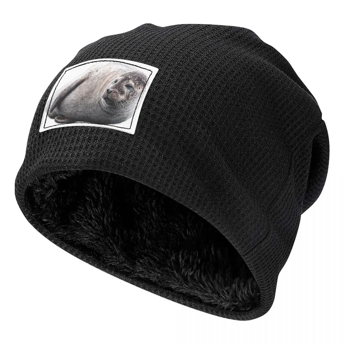 Chonky Seal Waffle Knit Fleece Lined Beanie with PU Leather Patch Unisex Warm Winter Soft Cap