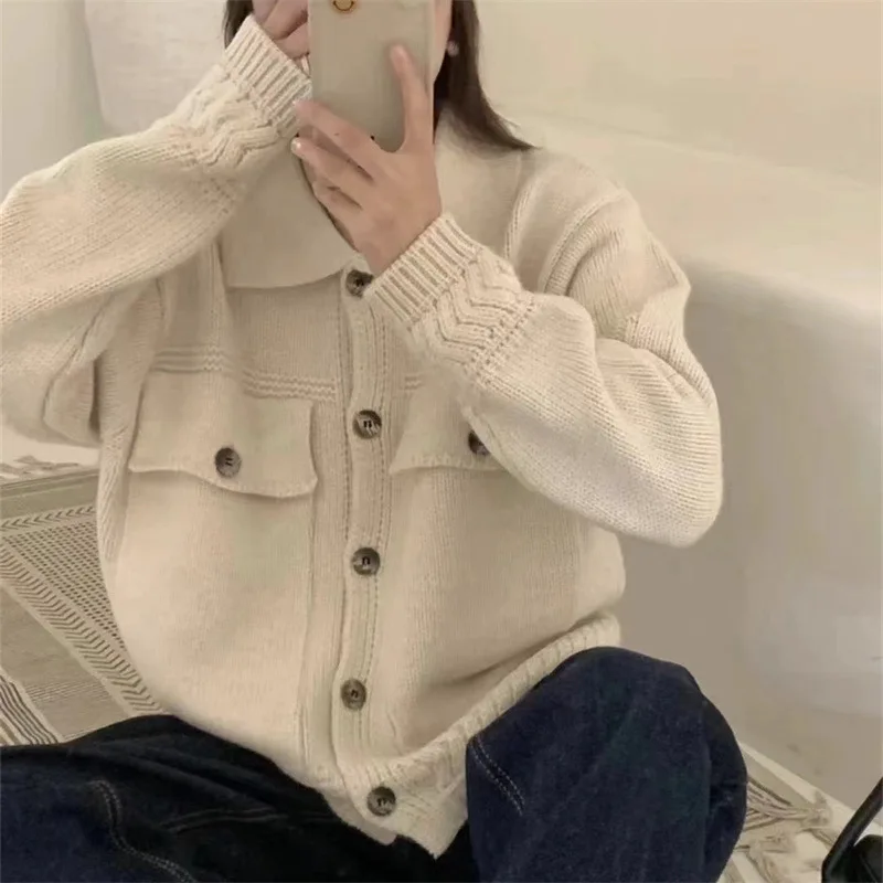 Cárdigan de punto con cuello abatible, nuevo estilo de otoño e invierno, suéter suelto y perezoso, chaqueta de manga larga, Top para mujer