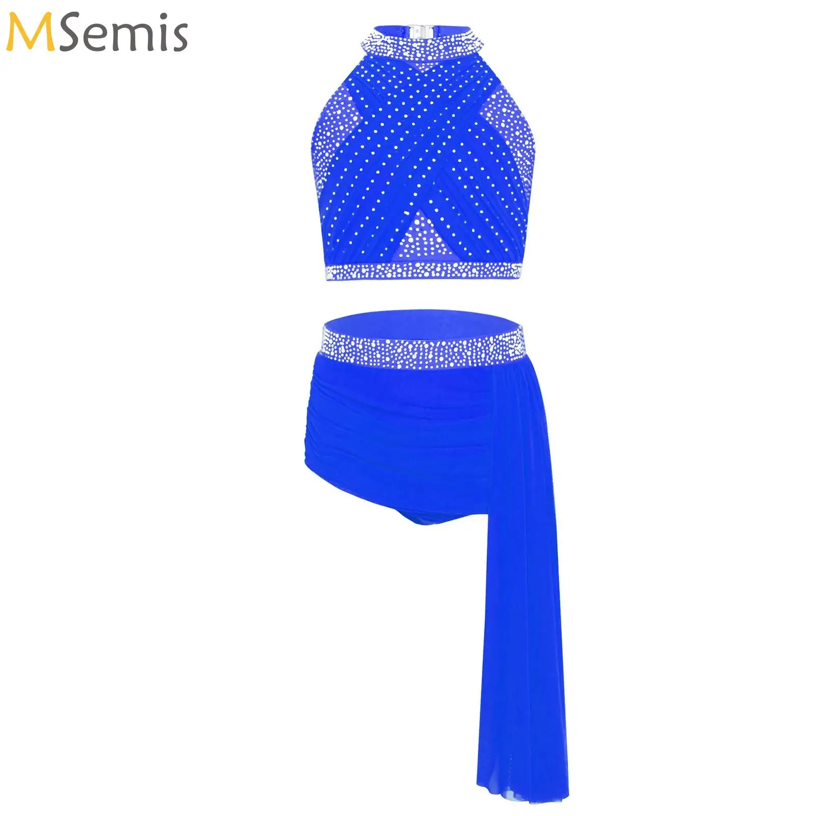 

Kids Girls Rhinestone Ballet Lyrical Dress Gymnastics Figure Skating Costume Vest + Ruched Ballerina Tutu Skirt Dancewear Sets