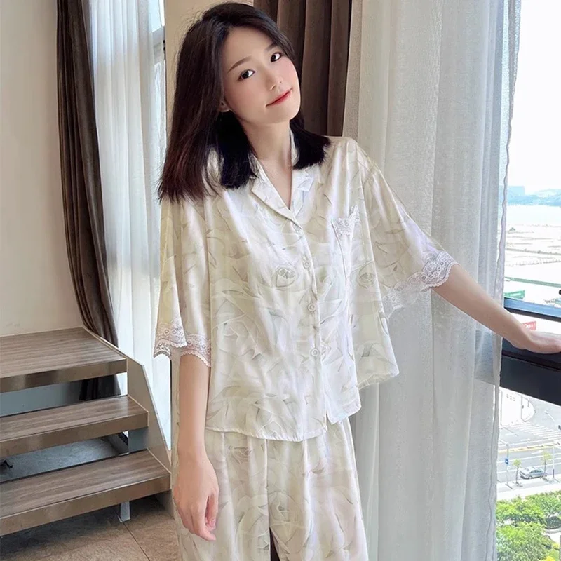 French Elegant Abstract Flower Print Lace Women\'s Pajamas Geometric Floral Art Aesthetics Nightgown 2024 New Summer Lounges Y2k