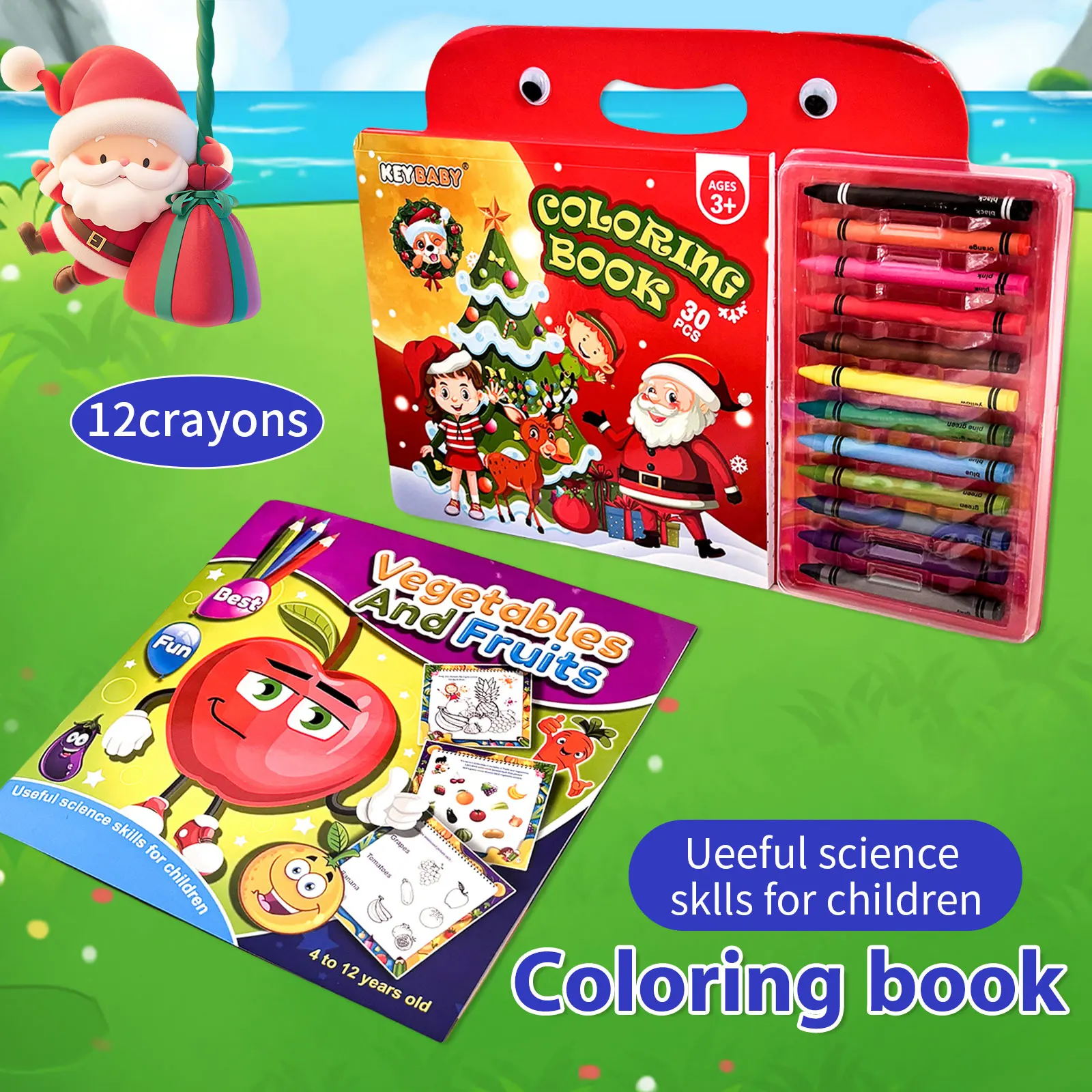 Portable Kids Drawing Coloring Book Set 12 Colors Crayon Christmas Fruits Vegetables Educational Activity Book for 3‑12 Years