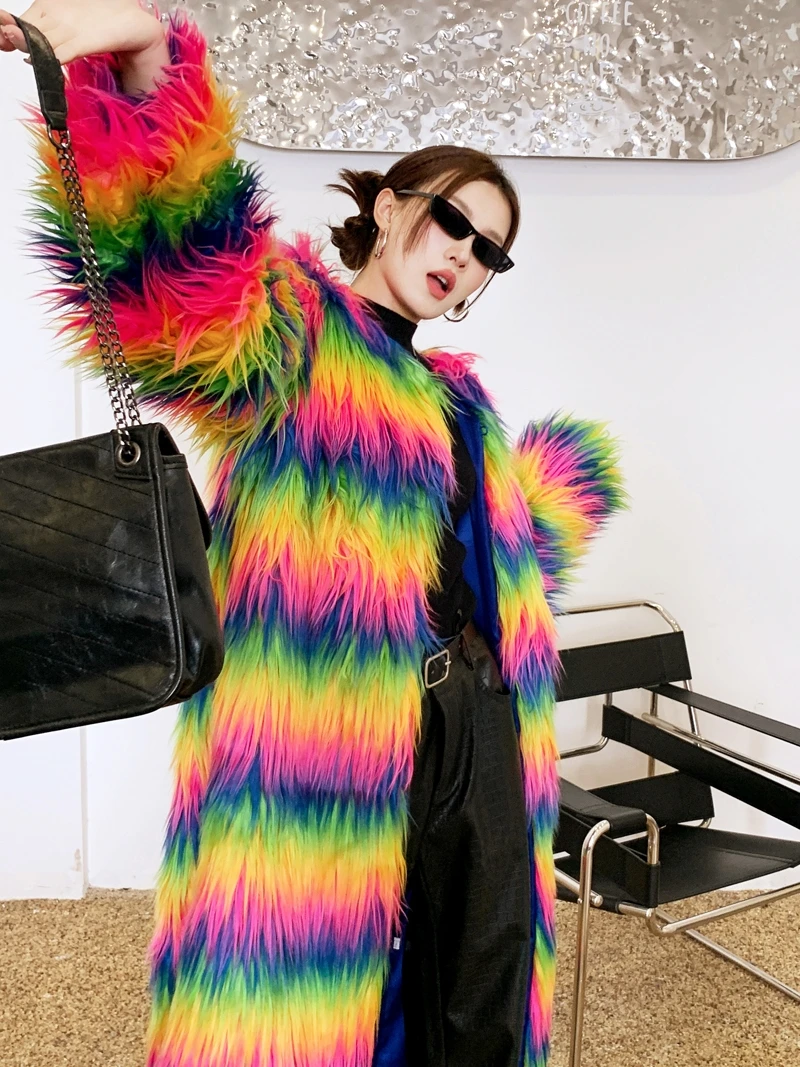 Lady Personalized Rainbow Color Faux Fur Coat Long Jacket Female Streetwear Winter Clothing for Women Performance Costume