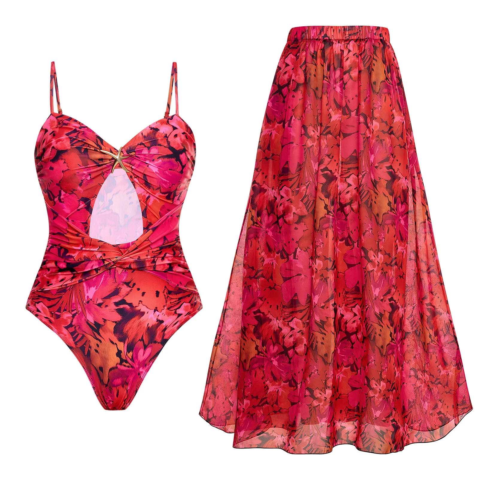 

Floral Retro Printed Swimsuit with Cover up Women's Sexy Swimwear Bikini Female Bodysuit Bathingsuit Beachwear 2025