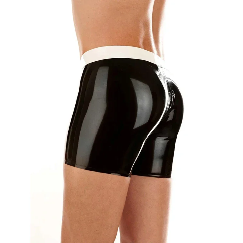 Latex Boxer Black with White Rubber Tigh Shorts Front Crotch Zip Fetish Men Underwear Custom Made