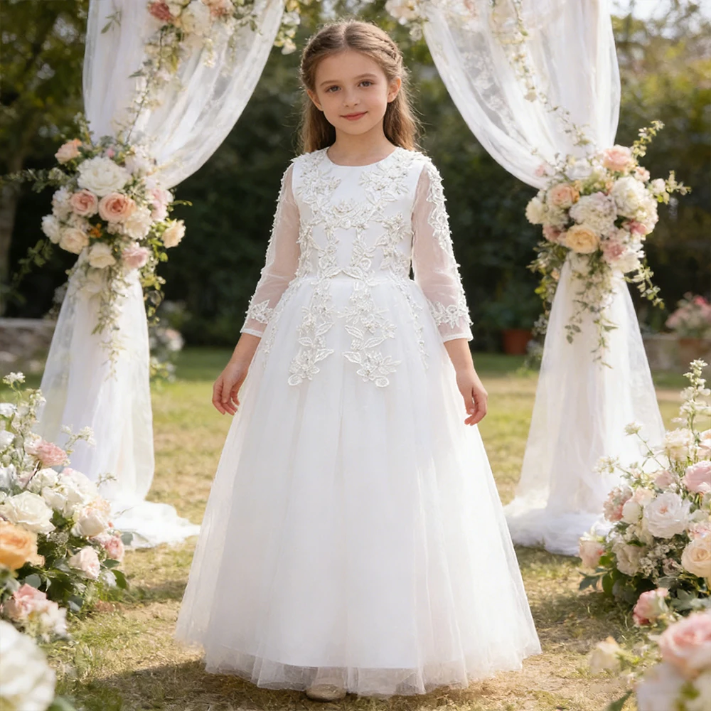 Formal Dress for Birthday Elegant Party Wedding Girls Dresses Long Sleeve Embroidery Kids Girl Princess Dress Ceremonial Clothes