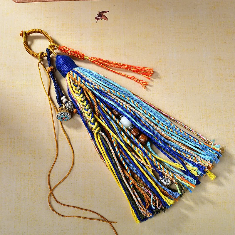 Tibetische Quaste mit Kupfermünzen und Perlen, Vajra-Stößel-Anhänger, gewebtes Lanyard, DIY-Schlüsselanhänger, Handyriemen, Taschen- und Auto-Hängeaccessoire – Detail 3