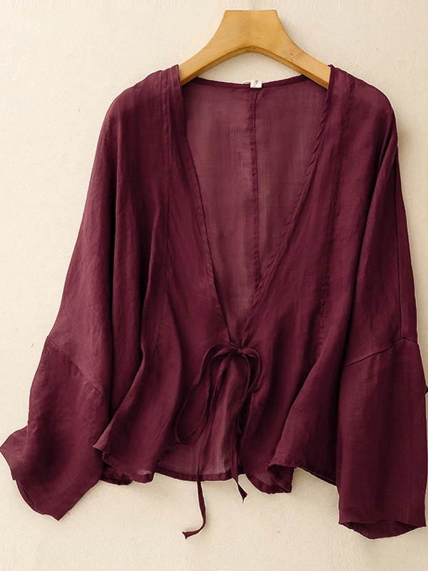 เสื้อคลุมคาร์ดิแกนผ้าลินินผสมคอตตอนลายมัดย้อมทรงหลวม แขนยาว สไตล์เรโทร สำหรับผู้หญิง ใส่สบายในฤดูร้อน คอวี  หลากสี