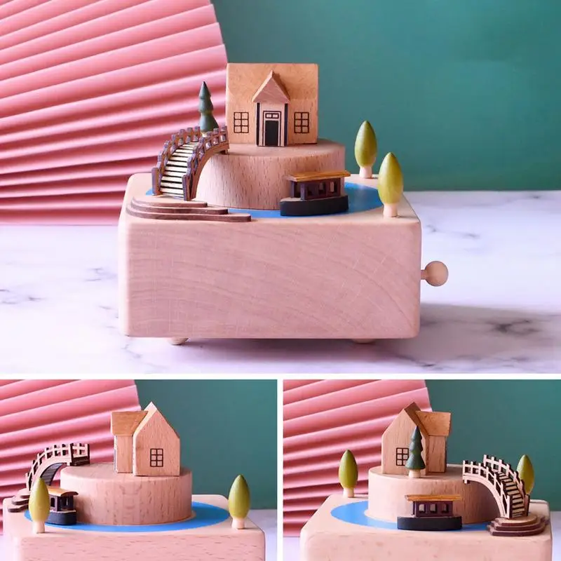 Music Box Rotating Building Musical Boxes Mechanical Candy House Music Box Wooden clockwork Music Box for Kids Birthday Gifts