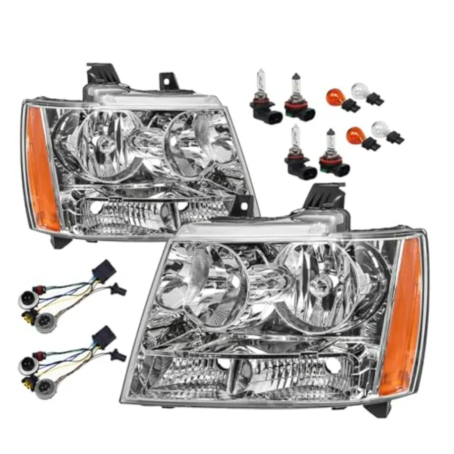 

Headlights Assembly w/Bulbs Harness compatible with 2007-2013 Chevy Tahoe Avalanche Suburban Chrome Housing Amber