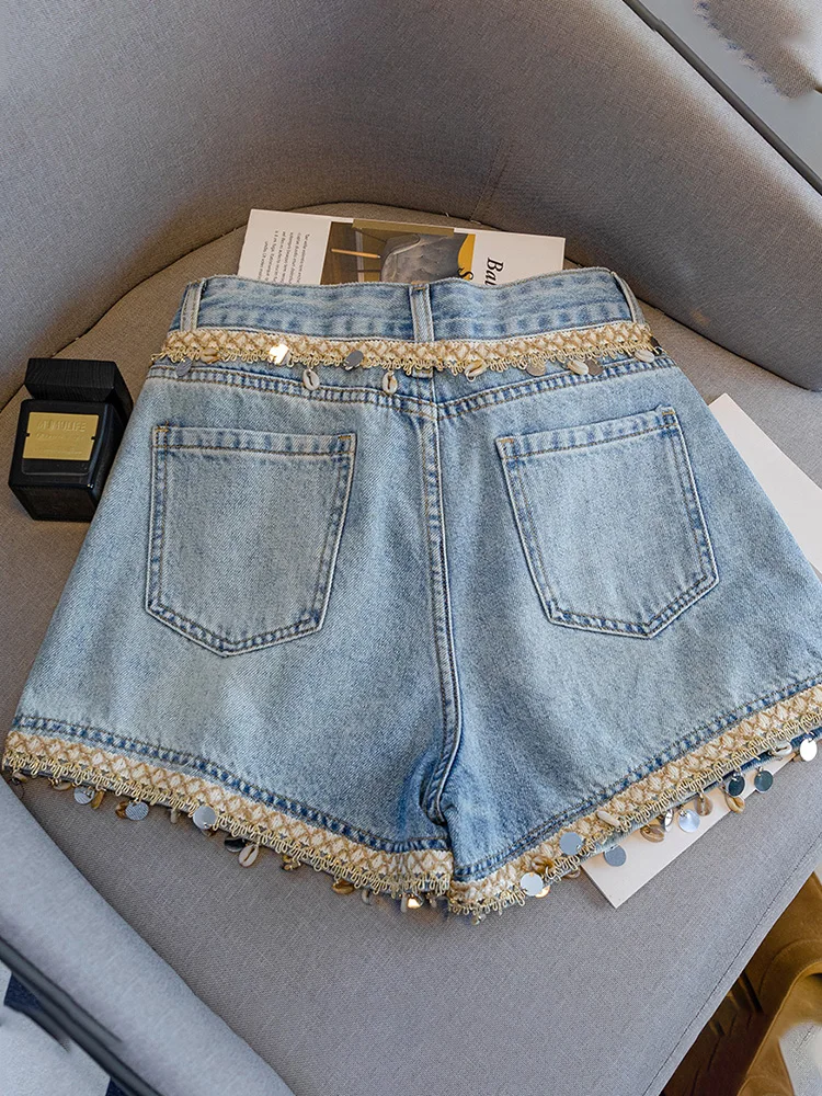 Boho Chic Kleidung für Frauen Jorts Retro Hohe Taille Breite Bein Jeans Shorts Shell Pailletten Quaste Design Trendy Stilvolle Shorts Denim