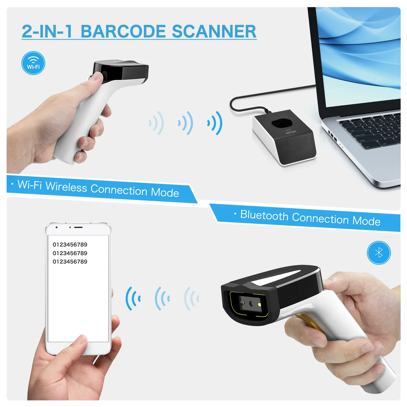 Imagem -05 - Netum-wireless Wi-fi 2d Barcode Scanner Detecção Automática de Mãos Livres Rede Tcp Udp 1d 2d qr Pdf417 Scan